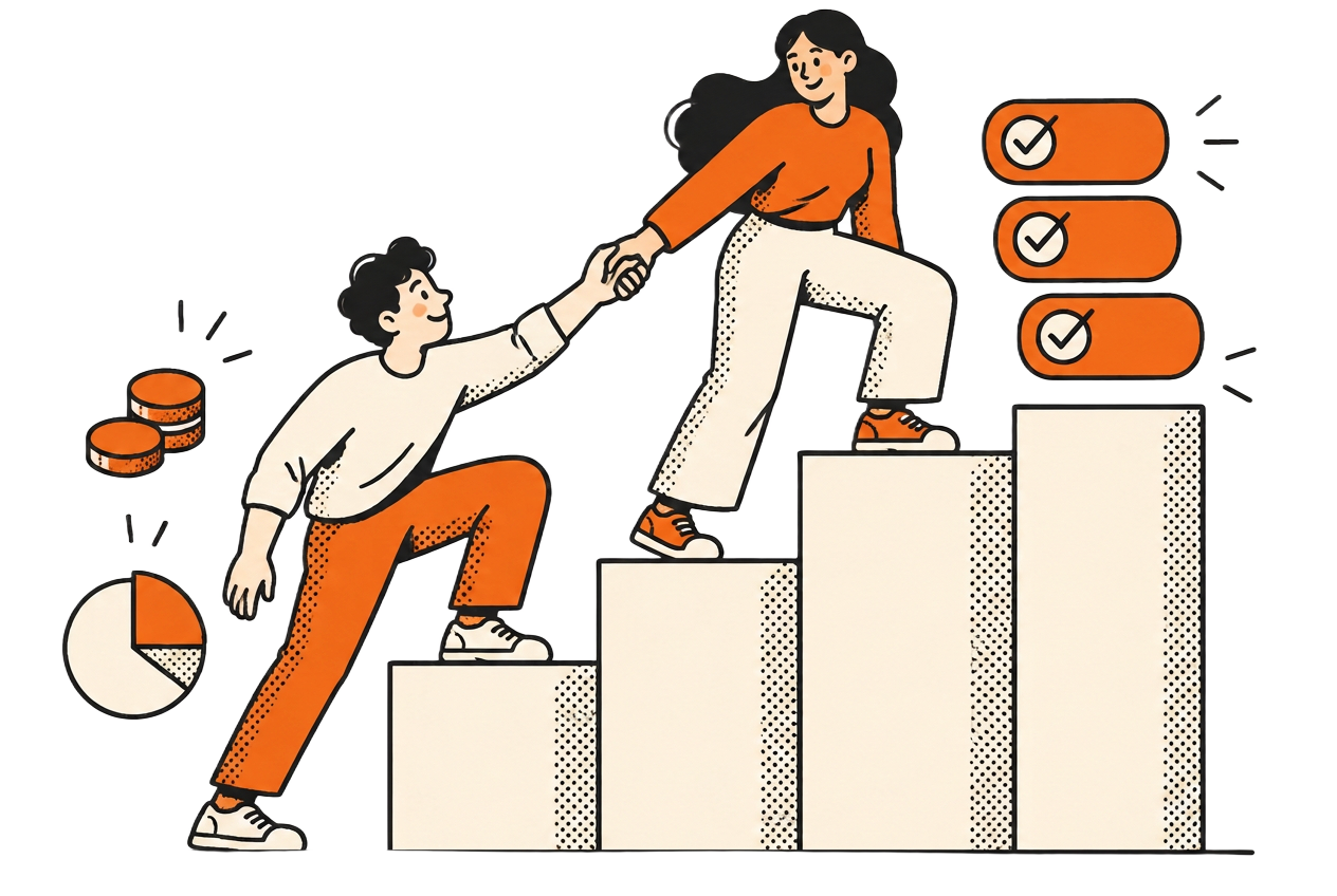 Illustration of one person helping another up a set of steps